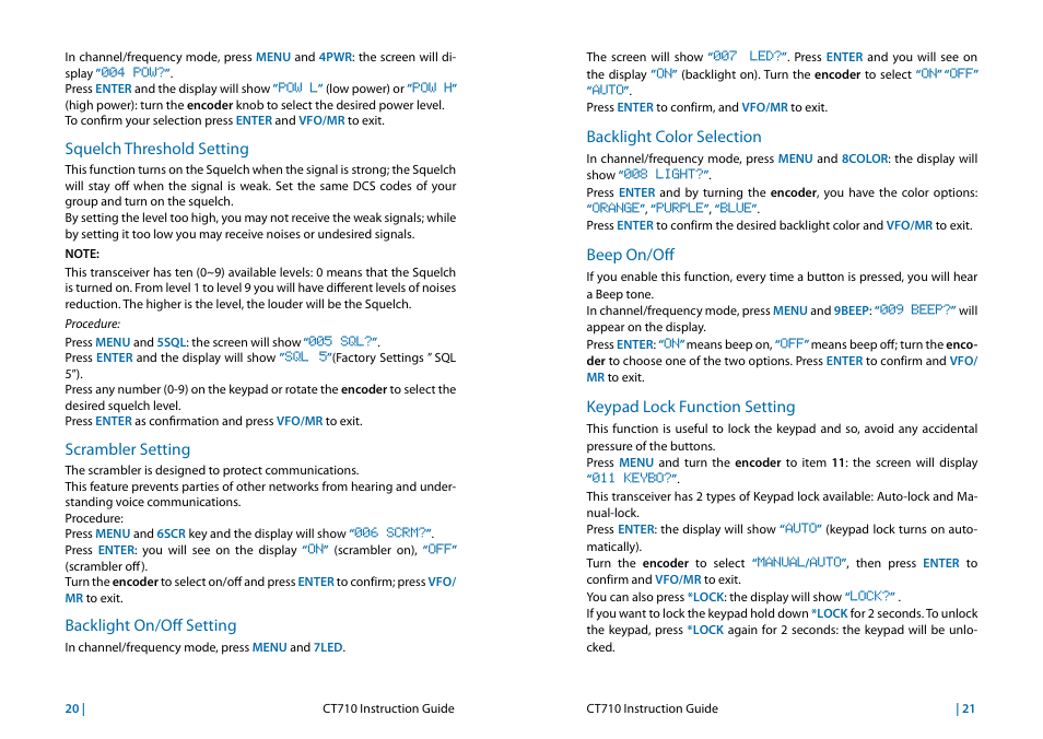 Squelch threshold setting, Scrambler setting, Backlight on/off setting | Backlight color selection, Beep on/off, Keypad lock function setting | MIDLAND CT710 User Manual | Page 11 / 80