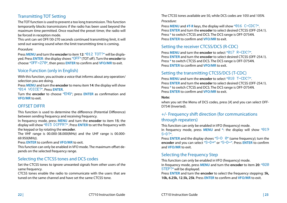 Transmitting tot setting, Voice function (only in english), Offset diffr | Selecting the ctcss tones and dcs codes, Setting the receiver ctcss/dcs (r-cdc), Setting the transmitting ctcss/dcs (t-cdc), Selecting the frequency step, Frequency shift direction (for through repeaters) | MIDLAND CT710 User Manual | Page 12 / 80