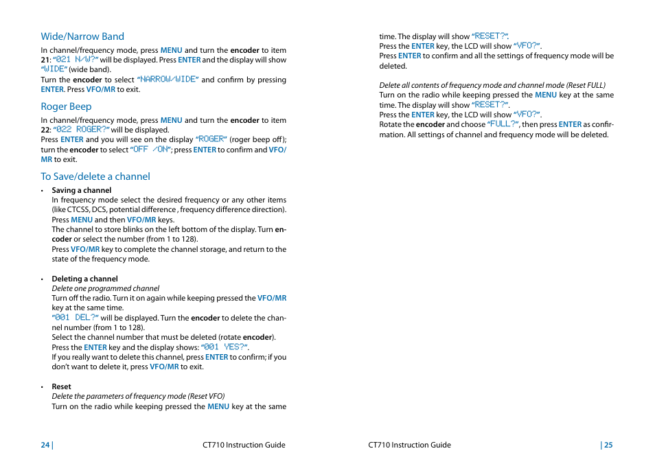 Wide/narrow band, Roger beep, To save/delete a channel | MIDLAND CT710 User Manual | Page 13 / 80