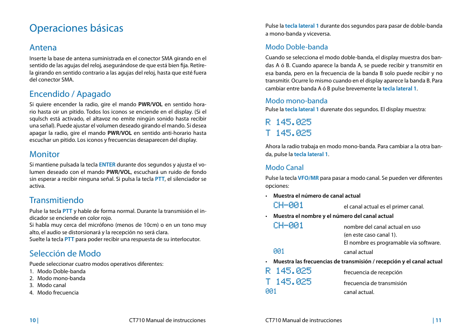Operaciones básicas, Antena, Encendido / apagado | Monitor, Transmitiendo, Selección de modo, Ch-001 | MIDLAND CT710 User Manual | Page 22 / 80