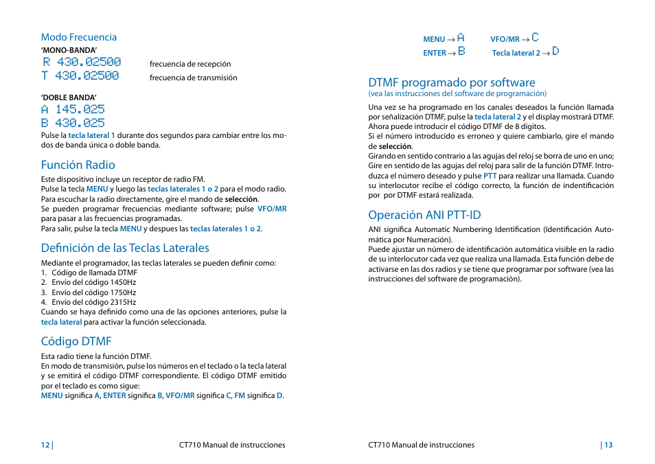 Función radio, Definición de las teclas laterales, Código dtmf | Dtmf programado por software, Operación ani ptt-id | MIDLAND CT710 User Manual | Page 23 / 80