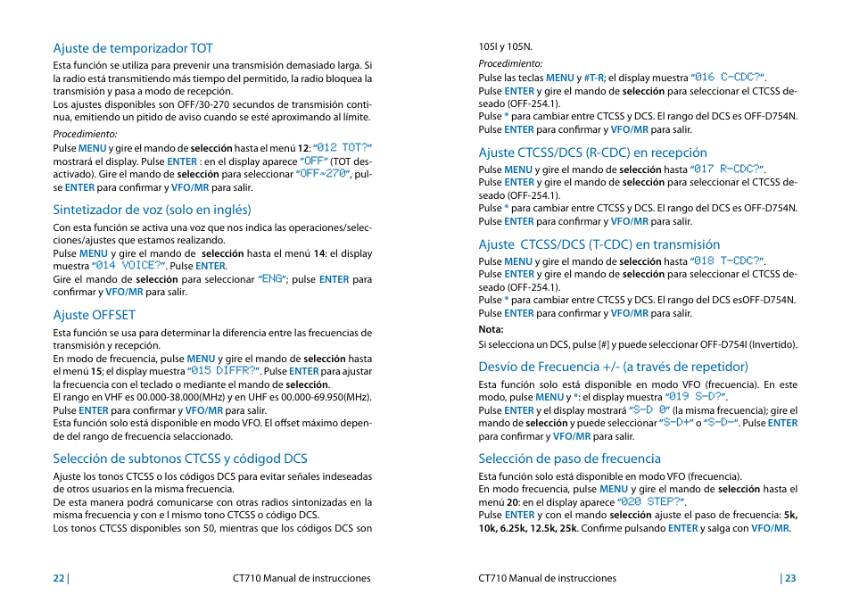 Ajuste de temporizador tot, Sintetizador de voz (solo en inglés), Ajuste offset | Selección de subtonos ctcss y códigod dcs, Ajuste ctcss/dcs (r-cdc) en recepción, Ajuste ctcss/dcs (t-cdc) en transmisión, Desvío de frecuencia +/- (a través de repetidor), Selección de paso de frecuencia | MIDLAND CT710 User Manual | Page 28 / 80