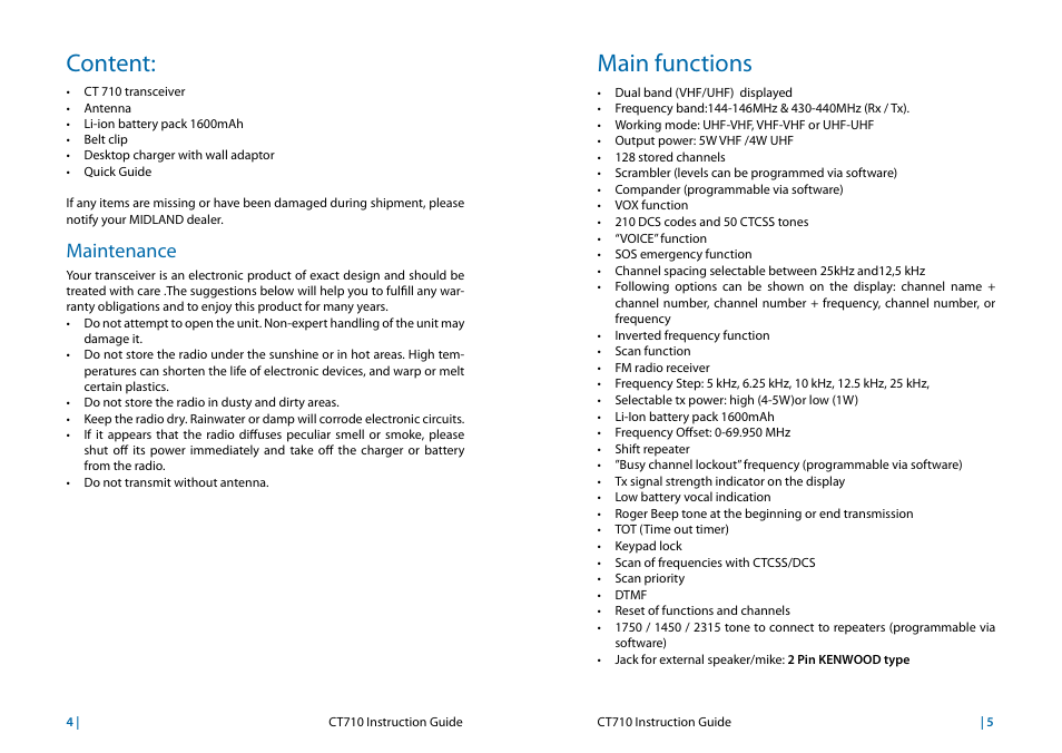 Content, Maintenance, Main functions | Content: 4, Maintenance 4 | MIDLAND CT710 User Manual | Page 3 / 80