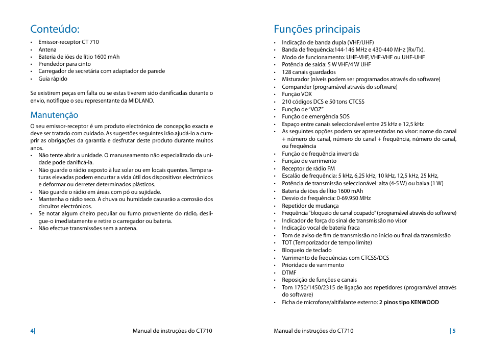 Conteúdo, Funções principais, Manutenção | MIDLAND CT710 User Manual | Page 35 / 80