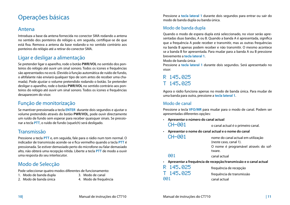 Operações básicas, Antena, Ligar e desligar a alimentação | Função de monitorização, Transmissão, Modo de selecção, Ch-001 | MIDLAND CT710 User Manual | Page 38 / 80