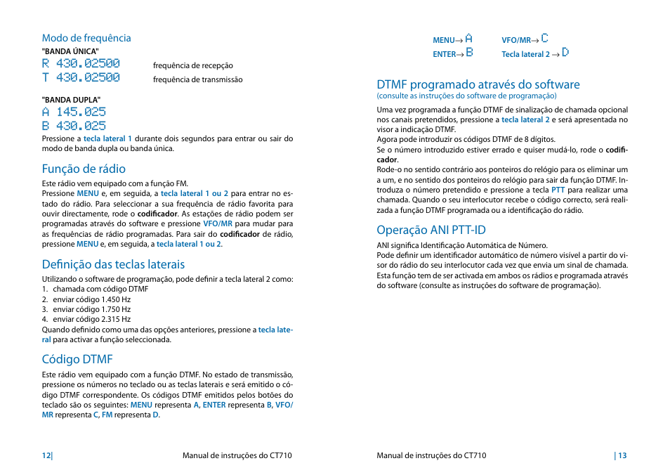 Função de rádio, Definição das teclas laterais, Código dtmf | Dtmf programado através do software, Operação ani ptt-id | MIDLAND CT710 User Manual | Page 39 / 80