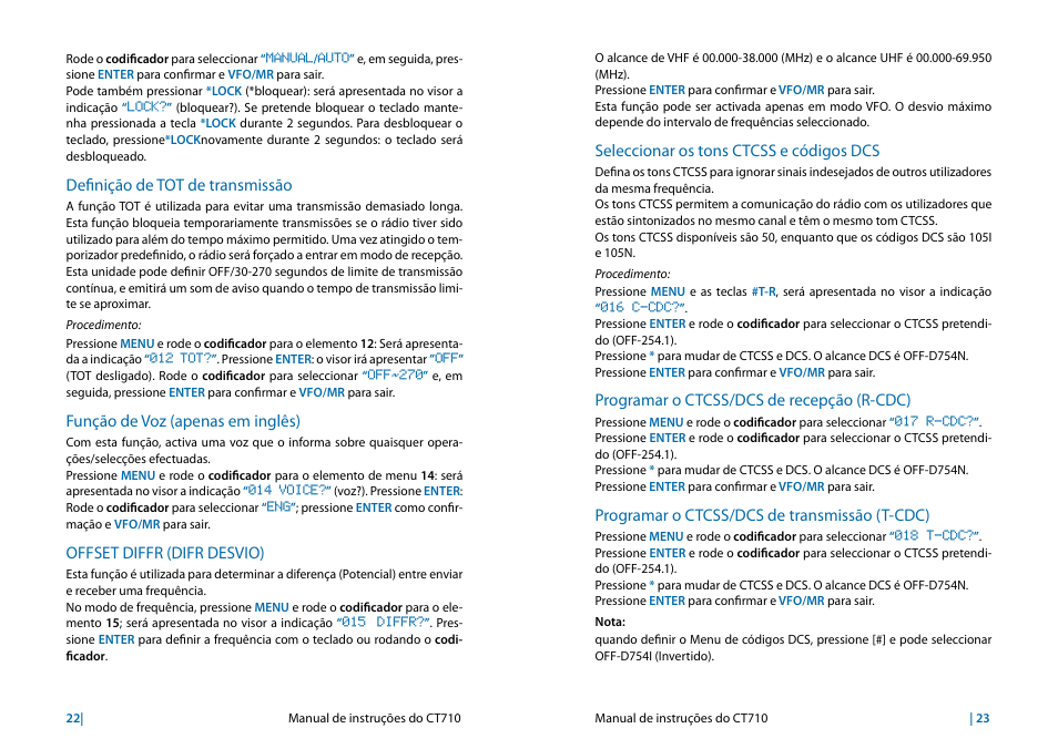 Definição de tot de transmissão, Função de voz (apenas em inglês), Offset diffr (difr desvio) | Seleccionar os tons ctcss e códigos dcs, Programar o ctcss/dcs de recepção (r-cdc), Programar o ctcss/dcs de transmissão (t-cdc) | MIDLAND CT710 User Manual | Page 44 / 80