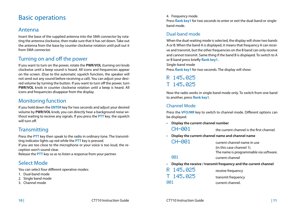 Basic operations, Antenna, Turning on and off the power | Monitoring function, Transmitting, Select mode, Dual-band mode, Channel mode, Antenna 10 turning on and off the power, Transmitting 10 select mode | MIDLAND CT710 User Manual | Page 6 / 80