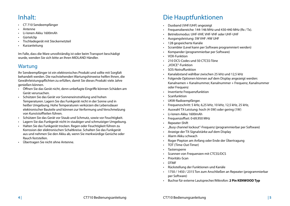 Inhalt, Die hauptfunktionen, Wartung | MIDLAND CT710 User Manual | Page 67 / 80