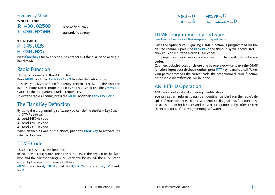 Frequency mode, Radio function, The flank key definition | Dtmf code, Ani ptt-id operation, Dtmf programmed by software | MIDLAND CT710 User Manual | Page 7 / 80