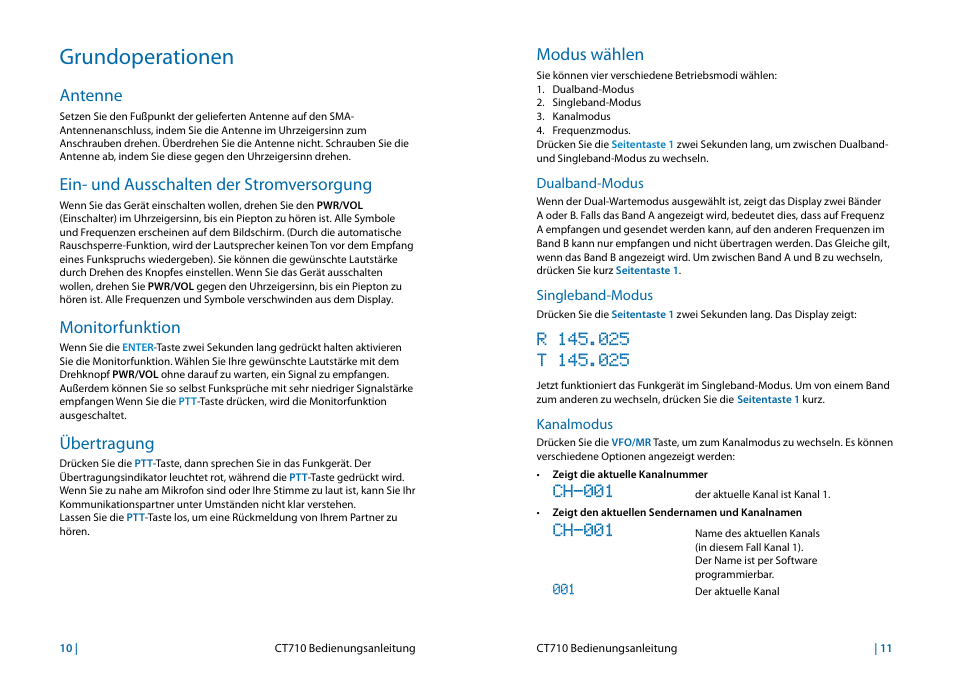 Grundoperationen, Antenne, Ein- und ausschalten der stromversorgung | Monitorfunktion, Übertragung, Modus wählen, Ch-001 | MIDLAND CT710 User Manual | Page 70 / 80