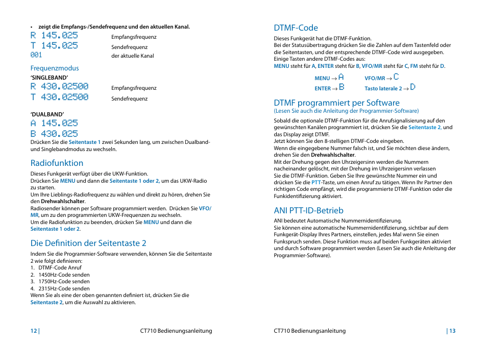 Radiofunktion, Die definition der seitentaste 2, Dtmf-code | Dtmf programmiert per software, Ani ptt-id-betrieb | MIDLAND CT710 User Manual | Page 71 / 80