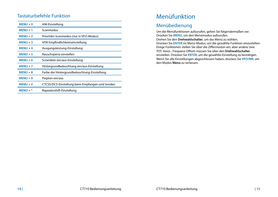 Menüfunktion, Tastaturbefehle funktion, Menübedienung | MIDLAND CT710 User Manual | Page 72 / 80