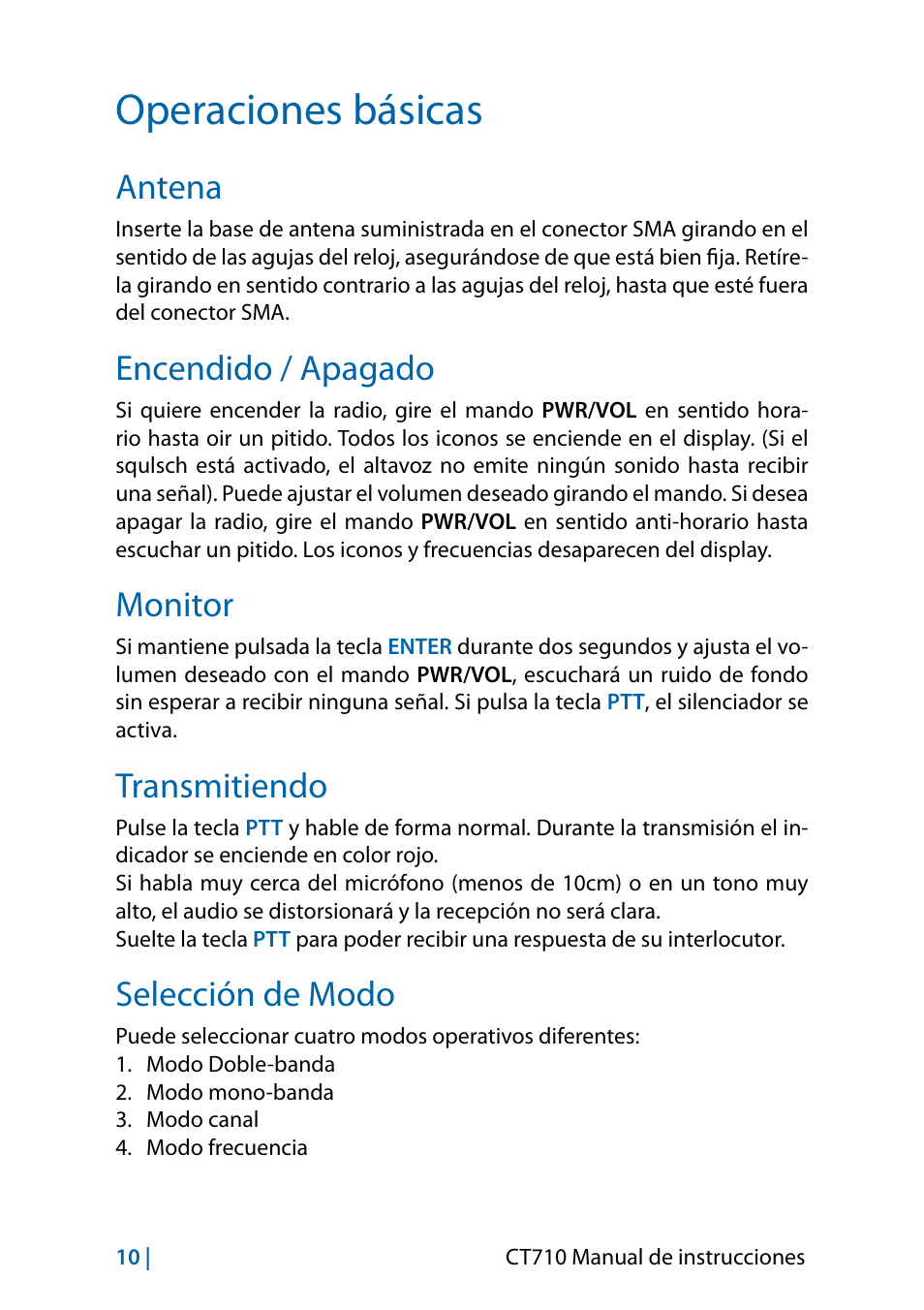Operaciones básicas, Antena, Encendido / apagado | Monitor, Transmitiendo, Selección de modo | MIDLAND CT710 - 2014 User Manual | Page 100 / 214