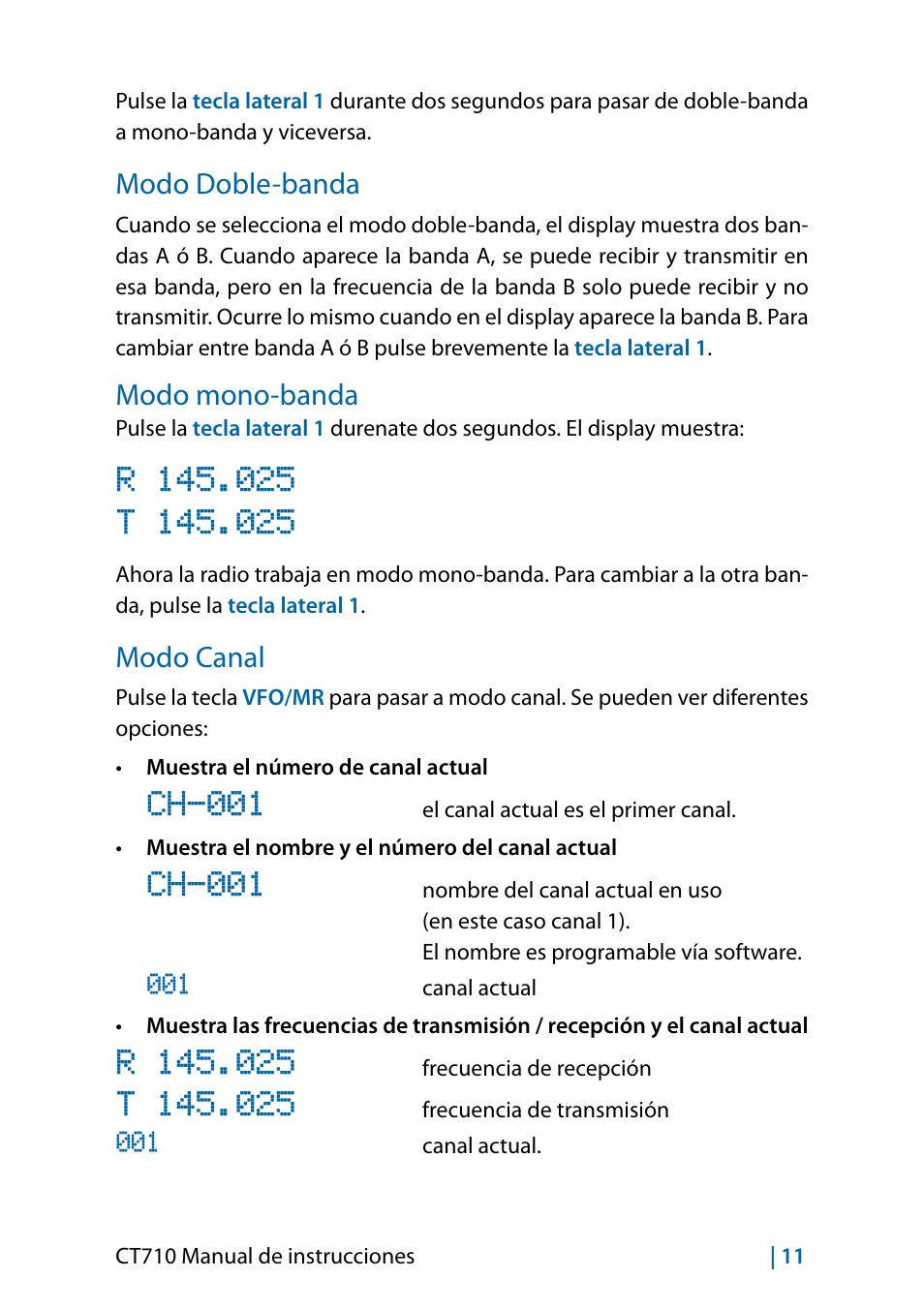 Ch-001, Modo doble-banda, Modo mono-banda | Modo canal | MIDLAND CT710 - 2014 User Manual | Page 101 / 214