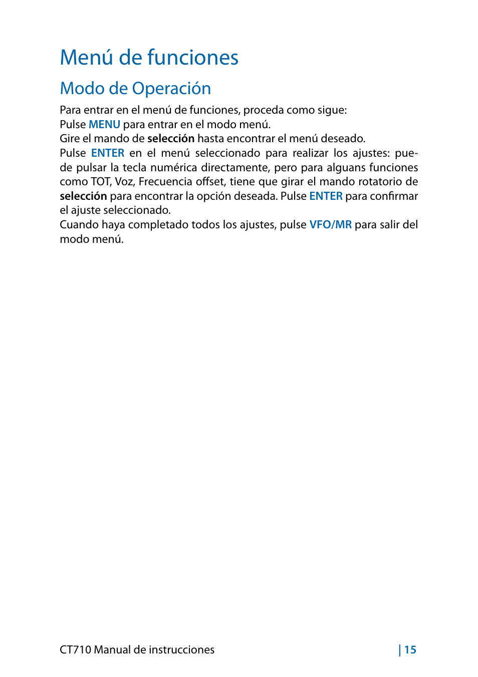 Menú de funciones, Modo de operación | MIDLAND CT710 - 2014 User Manual | Page 105 / 214