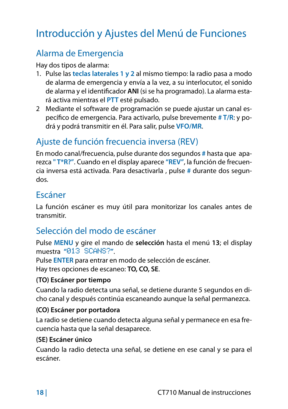 Introducción y ajustes del menú de funciones, Alarma de emergencia, Ajuste de función frecuencia inversa (rev) | Escáner, Selección del modo de escáner | MIDLAND CT710 - 2014 User Manual | Page 108 / 214