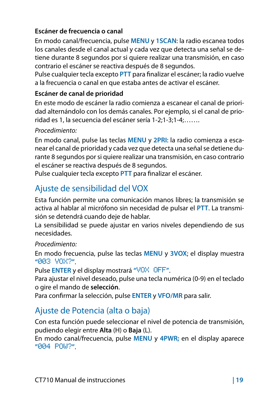 Ajuste de sensibilidad del vox, Ajuste de potencia (alta o baja) | MIDLAND CT710 - 2014 User Manual | Page 109 / 214
