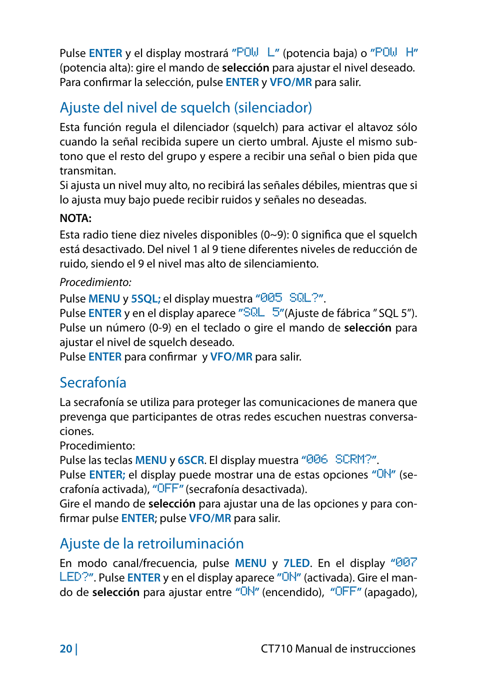 Ajuste del nivel de squelch (silenciador), Secrafonía, Ajuste de la retroiluminación | MIDLAND CT710 - 2014 User Manual | Page 110 / 214