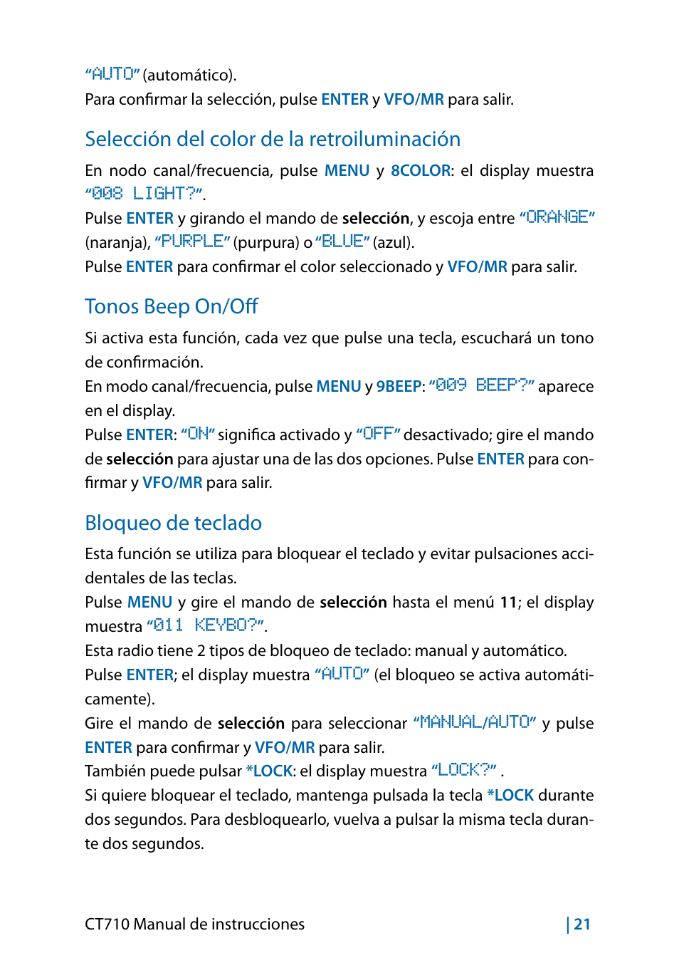 Selección del color de la retroiluminación, Tonos beep on/off, Bloqueo de teclado | MIDLAND CT710 - 2014 User Manual | Page 111 / 214