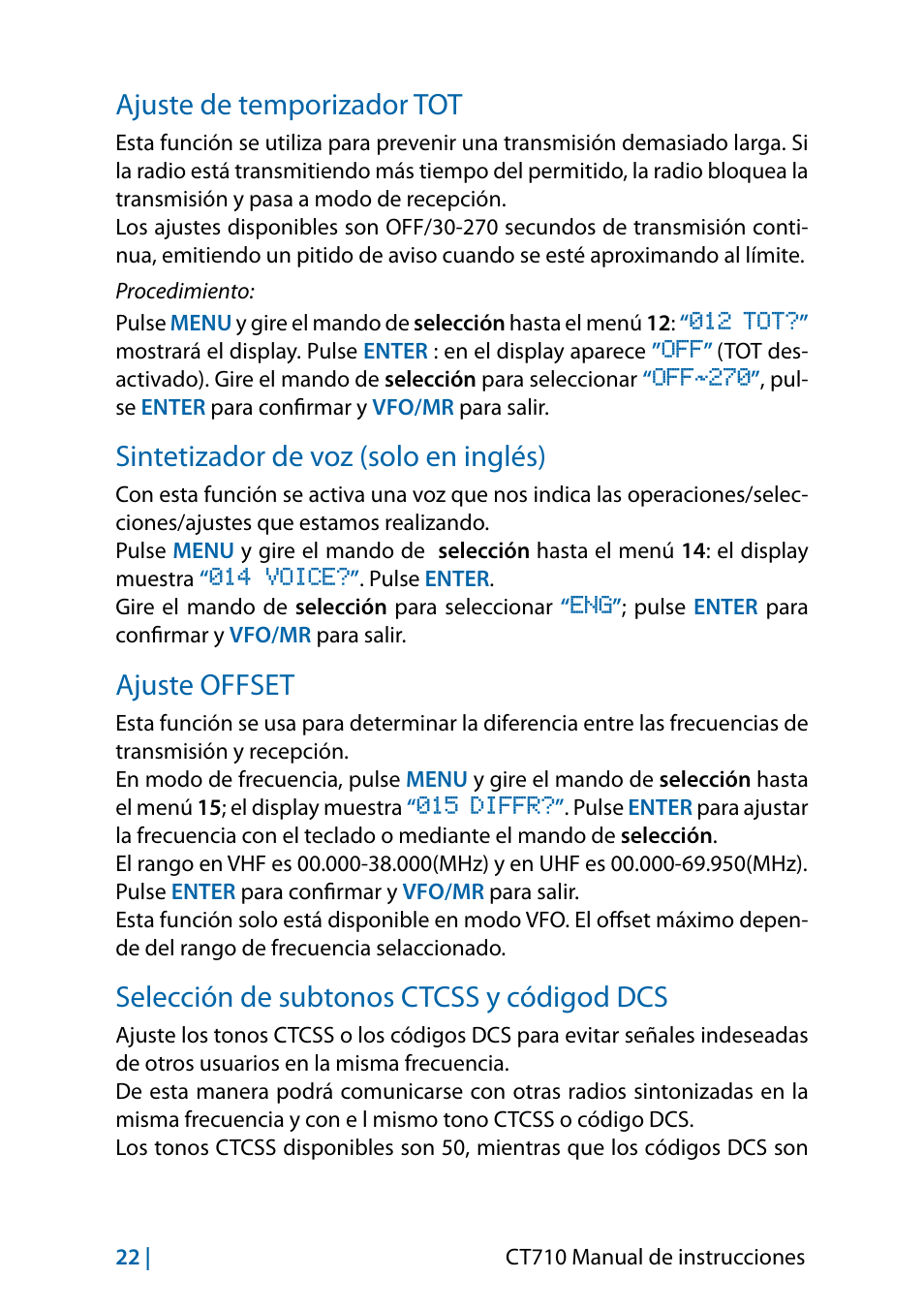 Ajuste de temporizador tot, Sintetizador de voz (solo en inglés), Ajuste offset | Selección de subtonos ctcss y códigod dcs | MIDLAND CT710 - 2014 User Manual | Page 112 / 214
