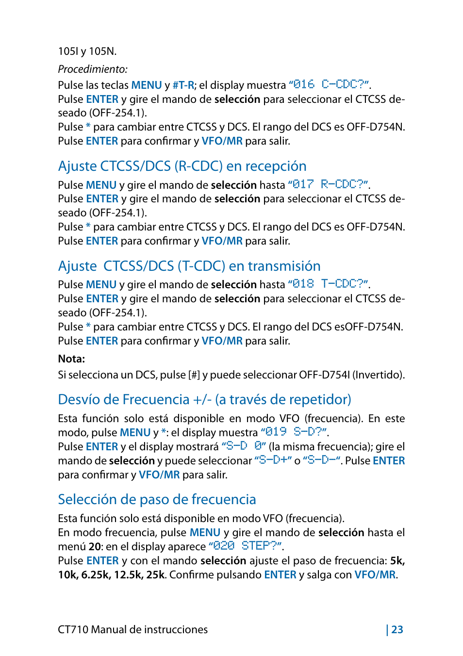 Ajuste ctcss/dcs (r-cdc) en recepción, Ajuste ctcss/dcs (t-cdc) en transmisión, Desvío de frecuencia +/- (a través de repetidor) | Selección de paso de frecuencia | MIDLAND CT710 - 2014 User Manual | Page 113 / 214