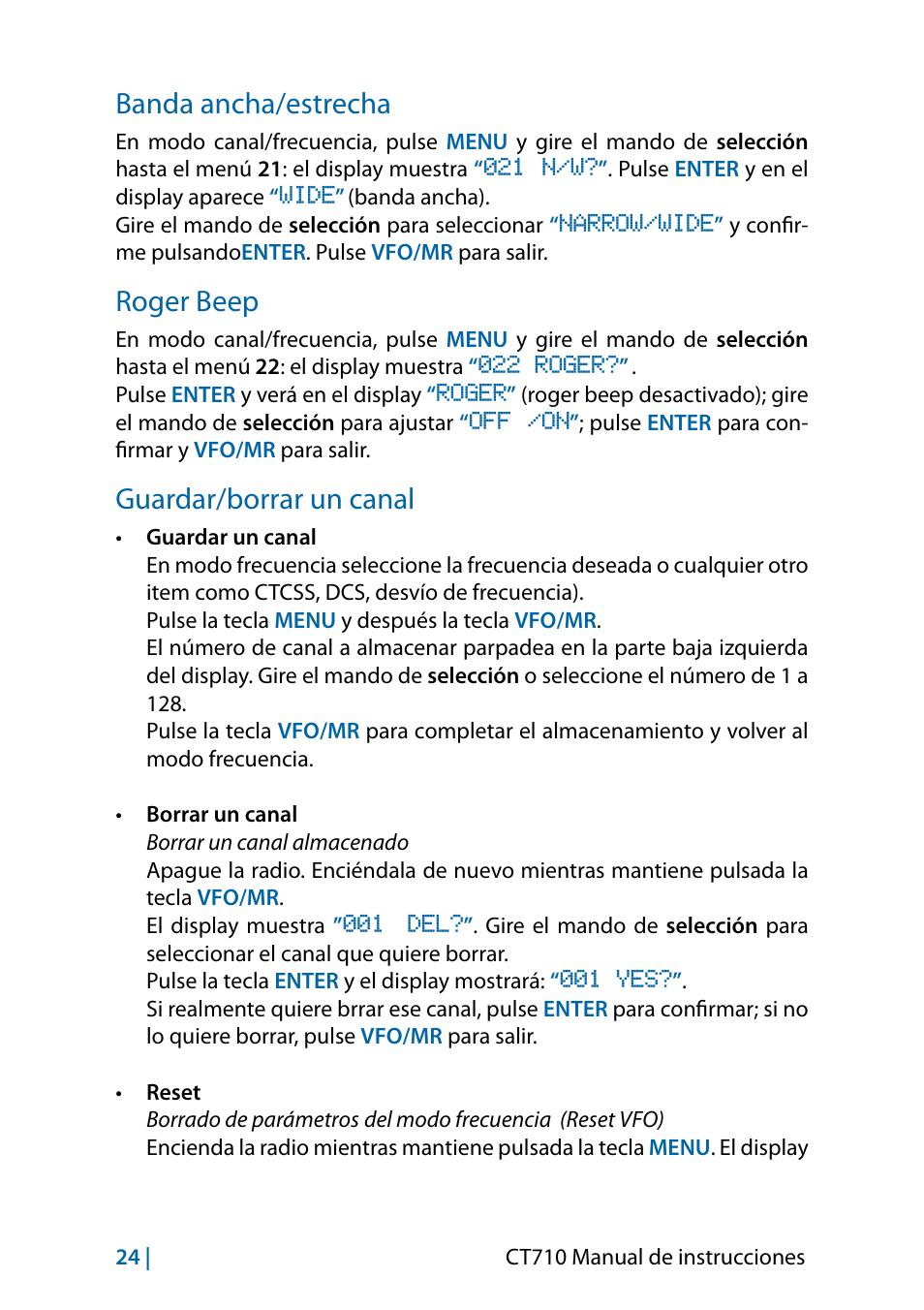 Banda ancha/estrecha, Roger beep, Guardar/borrar un canal | MIDLAND CT710 - 2014 User Manual | Page 114 / 214