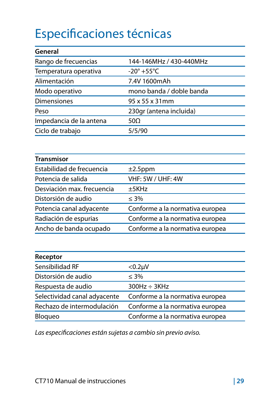 Especificaciones técnicas | MIDLAND CT710 - 2014 User Manual | Page 119 / 214