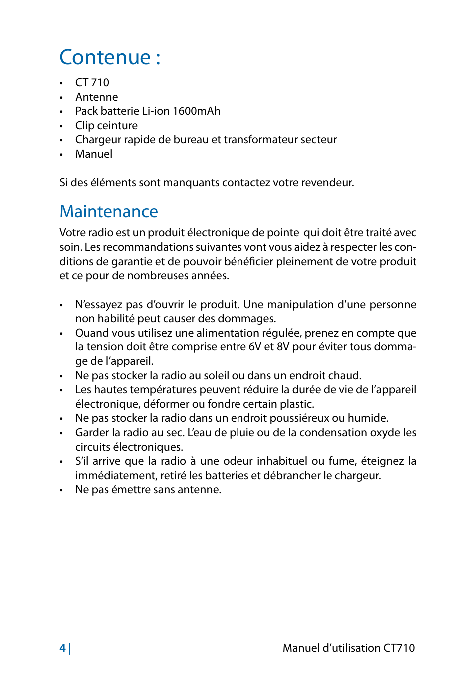 Contenue, Maintenance | MIDLAND CT710 - 2014 User Manual | Page 126 / 214