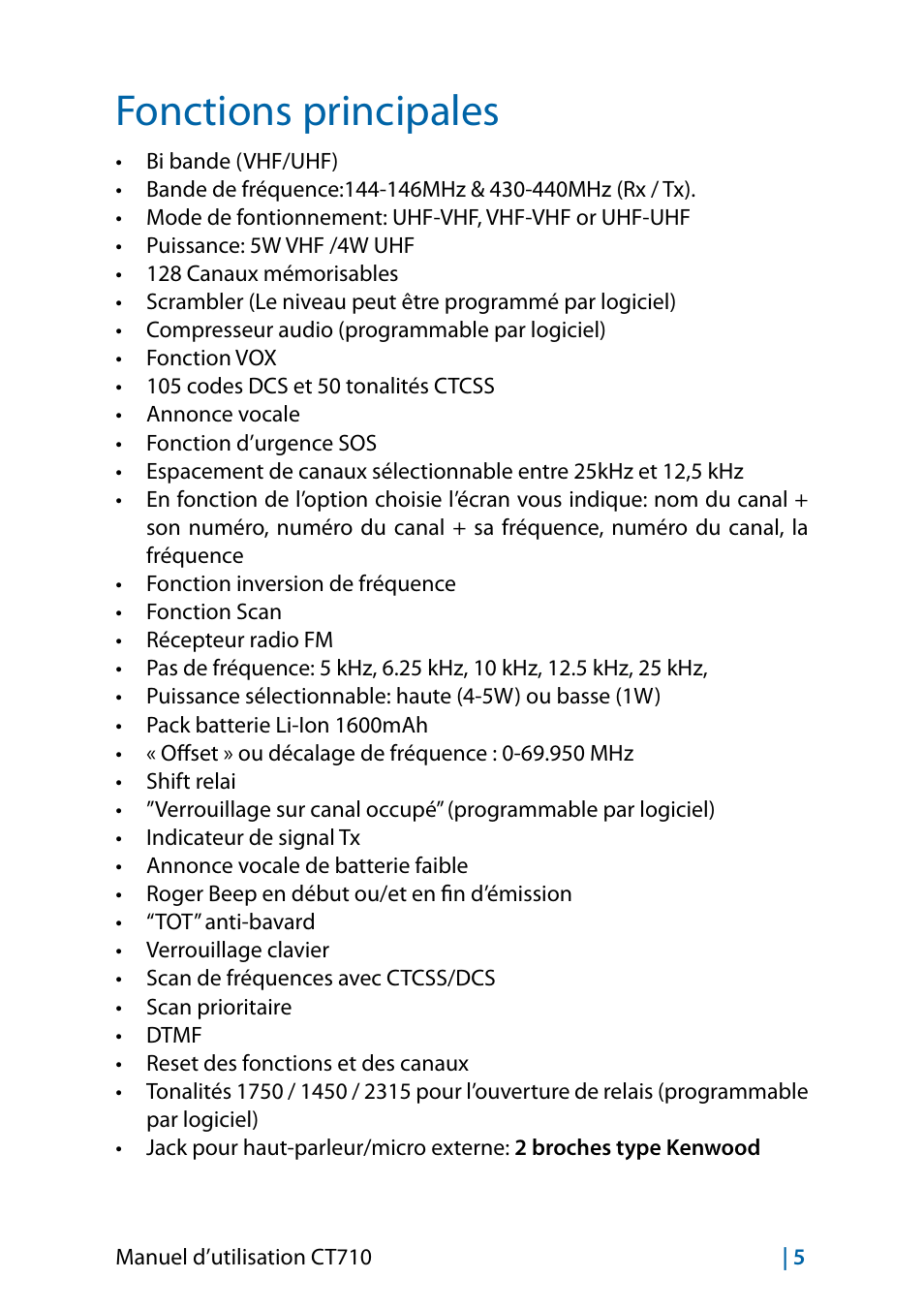 Fonctions principales | MIDLAND CT710 - 2014 User Manual | Page 127 / 214