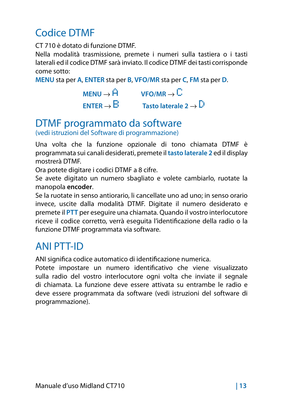 Codice dtmf, Dtmf programmato da software, Ani ptt-id | MIDLAND CT710 - 2014 User Manual | Page 13 / 214