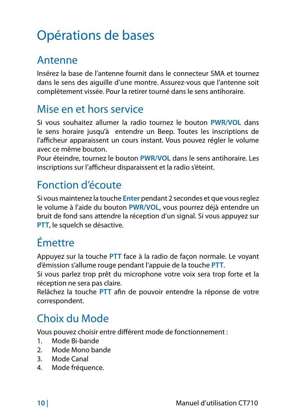 Opérations de bases, Antenne, Mise en et hors service | Fonction d’écoute, Émettre, Choix du mode | MIDLAND CT710 - 2014 User Manual | Page 132 / 214