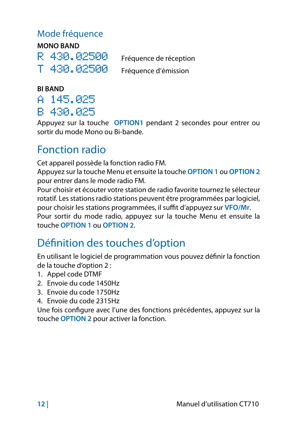 Fonction radio, Définition des touches d’option, Mode fréquence | MIDLAND CT710 - 2014 User Manual | Page 134 / 214