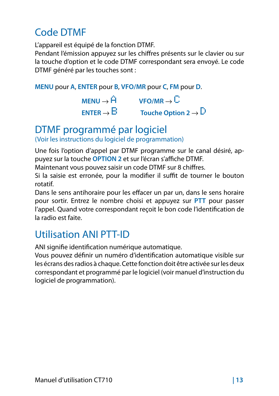 Code dtmf, Dtmf programmé par logiciel, Utilisation ani ptt-id | MIDLAND CT710 - 2014 User Manual | Page 135 / 214