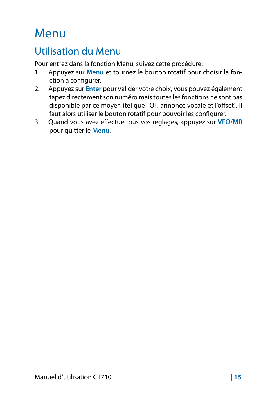 Menu, Utilisation du menu | MIDLAND CT710 - 2014 User Manual | Page 137 / 214