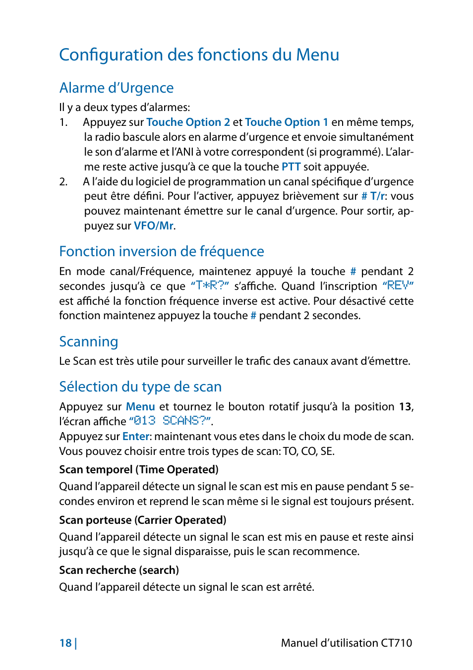 Configuration des fonctions du menu, Alarme d’urgence, Fonction inversion de fréquence | Scanning, Sélection du type de scan | MIDLAND CT710 - 2014 User Manual | Page 140 / 214