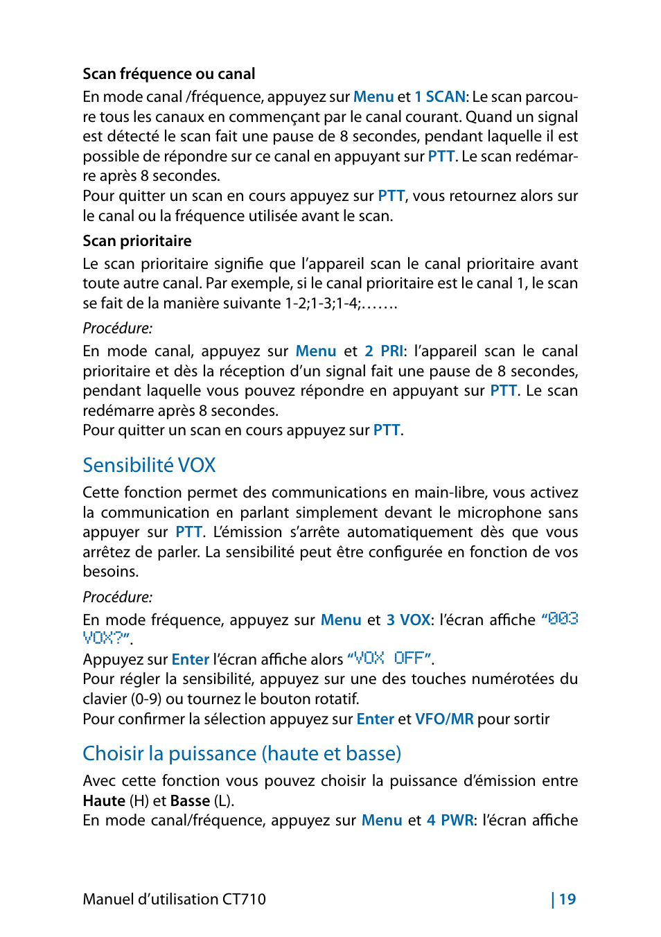Sensibilité vox, Choisir la puissance (haute et basse) | MIDLAND CT710 - 2014 User Manual | Page 141 / 214