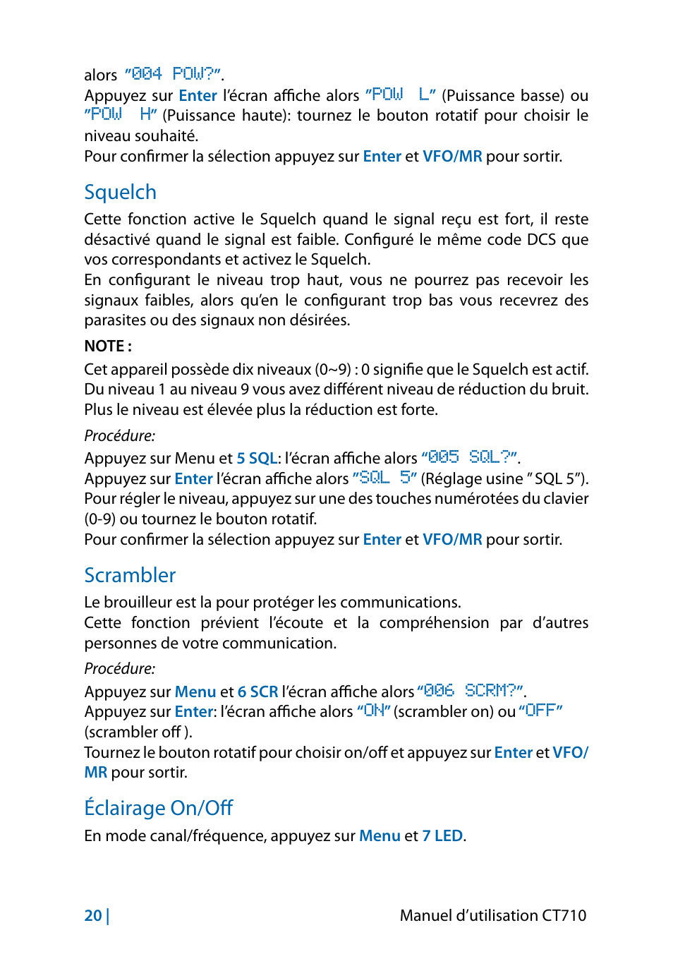 Squelch, Scrambler, Éclairage on/off | MIDLAND CT710 - 2014 User Manual | Page 142 / 214
