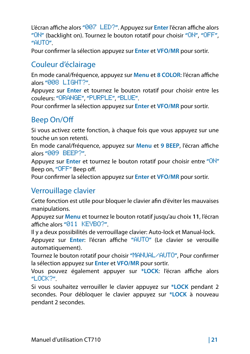Couleur d’éclairage, Beep on/off, Verrouillage clavier | MIDLAND CT710 - 2014 User Manual | Page 143 / 214
