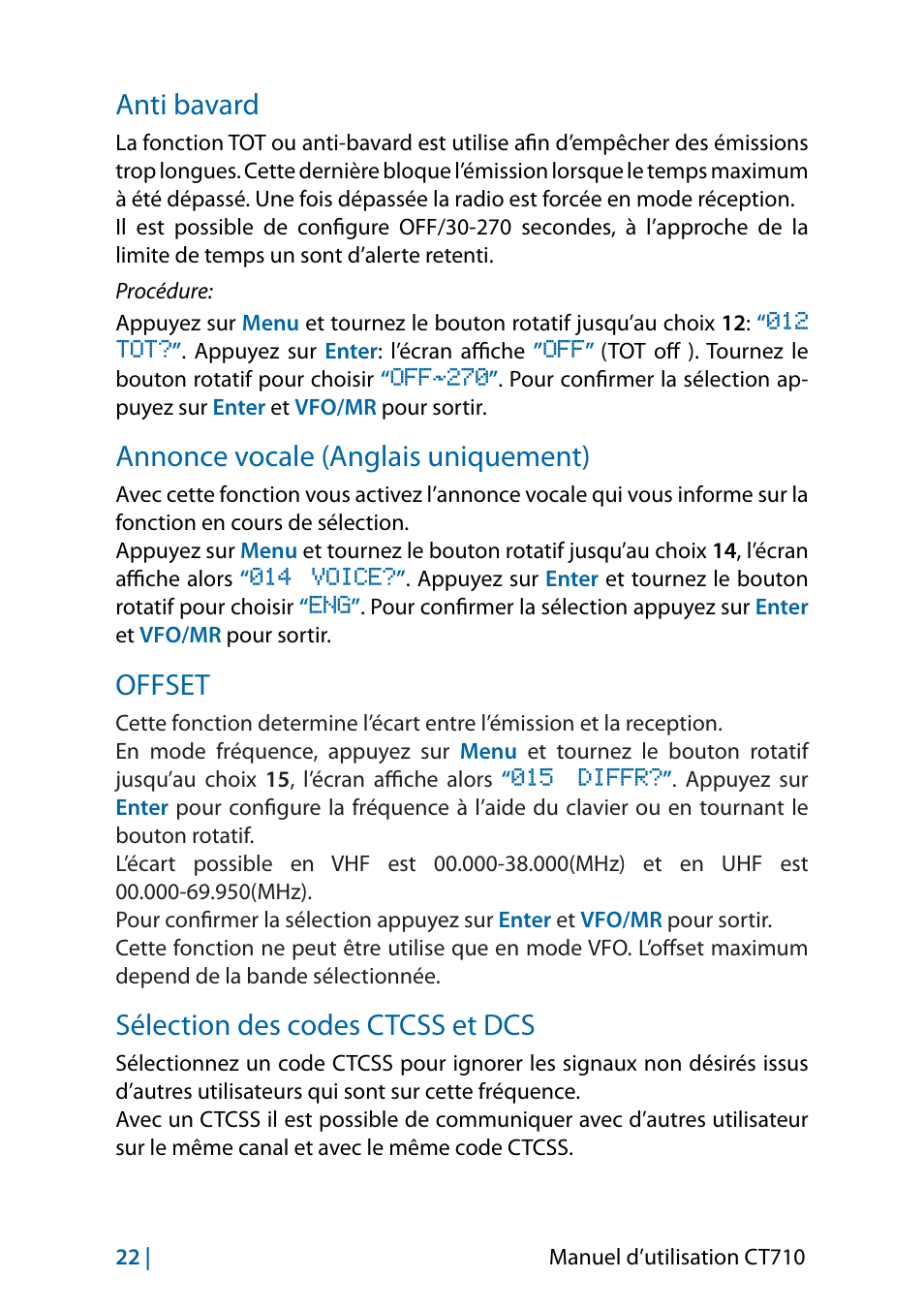 Anti bavard, Annonce vocale (anglais uniquement), Offset | Sélection des codes ctcss et dcs | MIDLAND CT710 - 2014 User Manual | Page 144 / 214