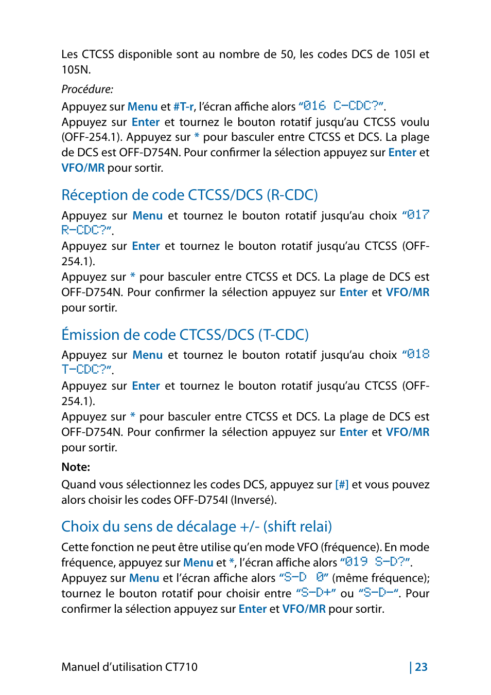 Réception de code ctcss/dcs (r-cdc), Émission de code ctcss/dcs (t-cdc), Choix du sens de décalage +/- (shift relai) | MIDLAND CT710 - 2014 User Manual | Page 145 / 214