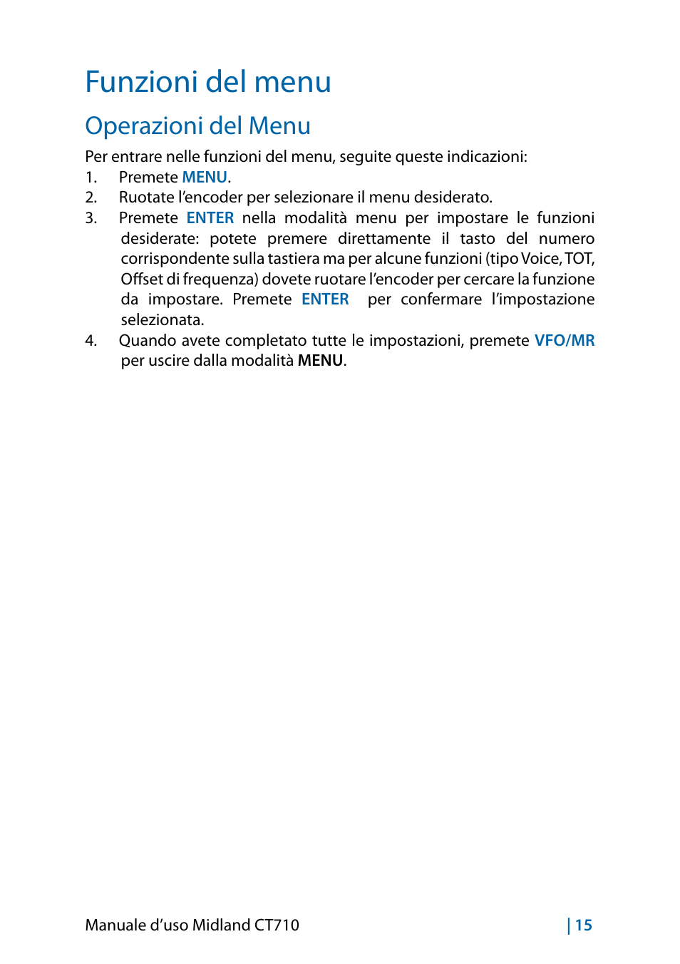 Funzioni del menu, Operazioni del menu | MIDLAND CT710 - 2014 User Manual | Page 15 / 214