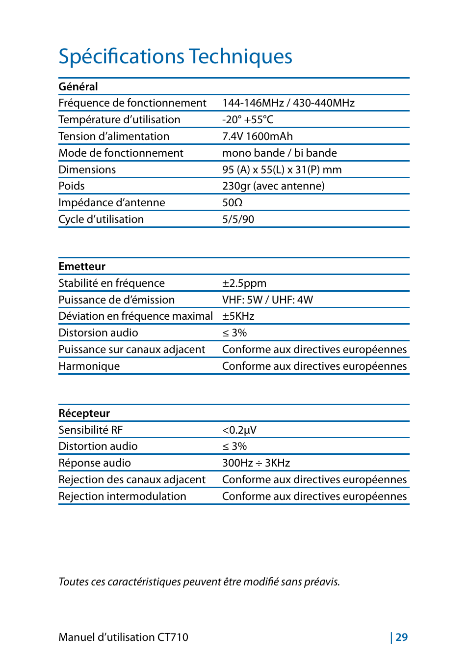 Spécifications techniques | MIDLAND CT710 - 2014 User Manual | Page 151 / 214