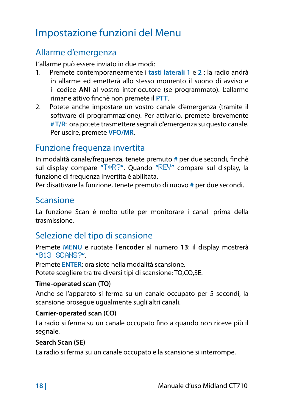 Impostazione funzioni del menu, Allarme d’emergenza, Funzione frequenza invertita | Scansione, Selezione del tipo di scansione | MIDLAND CT710 - 2014 User Manual | Page 18 / 214
