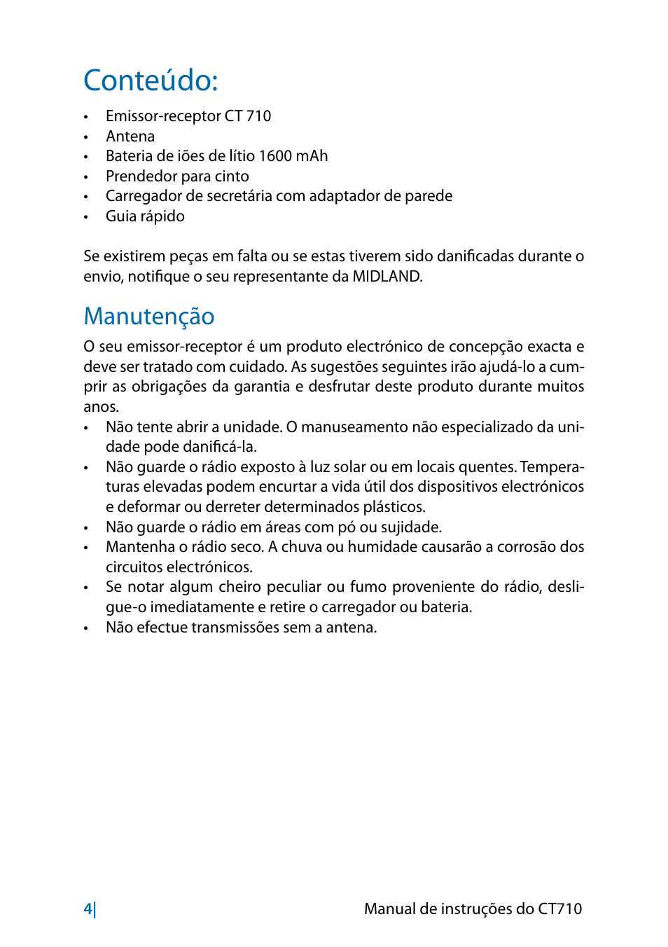 Conteúdo, Manutenção | MIDLAND CT710 - 2014 User Manual | Page 186 / 214