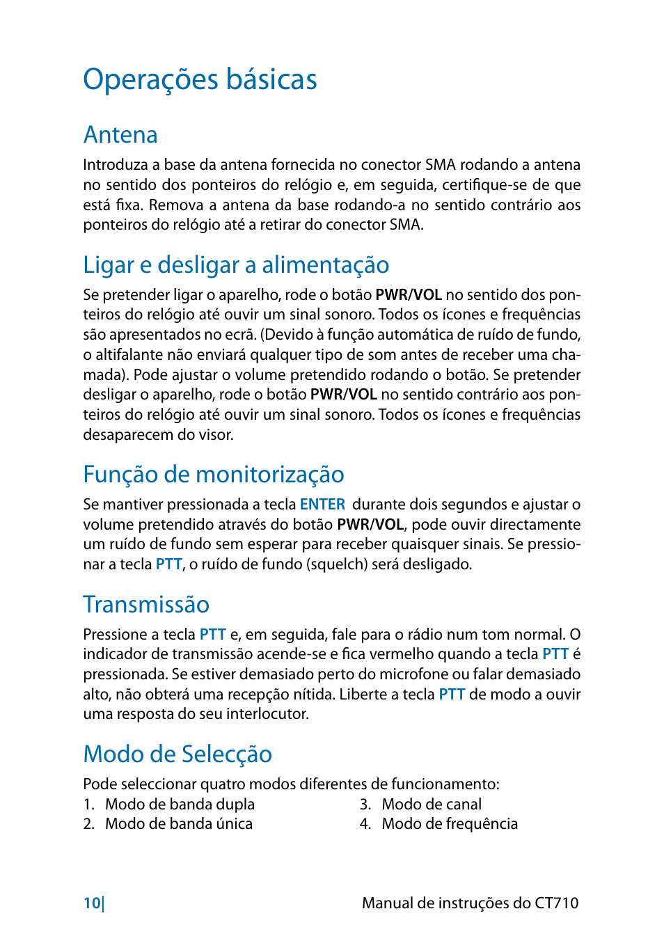 Operações básicas, Antena, Ligar e desligar a alimentação | Função de monitorização, Transmissão, Modo de selecção | MIDLAND CT710 - 2014 User Manual | Page 192 / 214