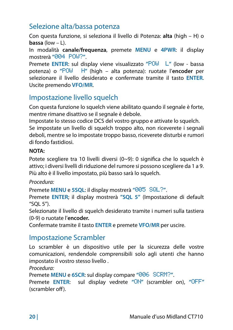 Selezione alta/bassa potenza, Impostazione livello squelch, Impostazione scrambler | MIDLAND CT710 - 2014 User Manual | Page 20 / 214