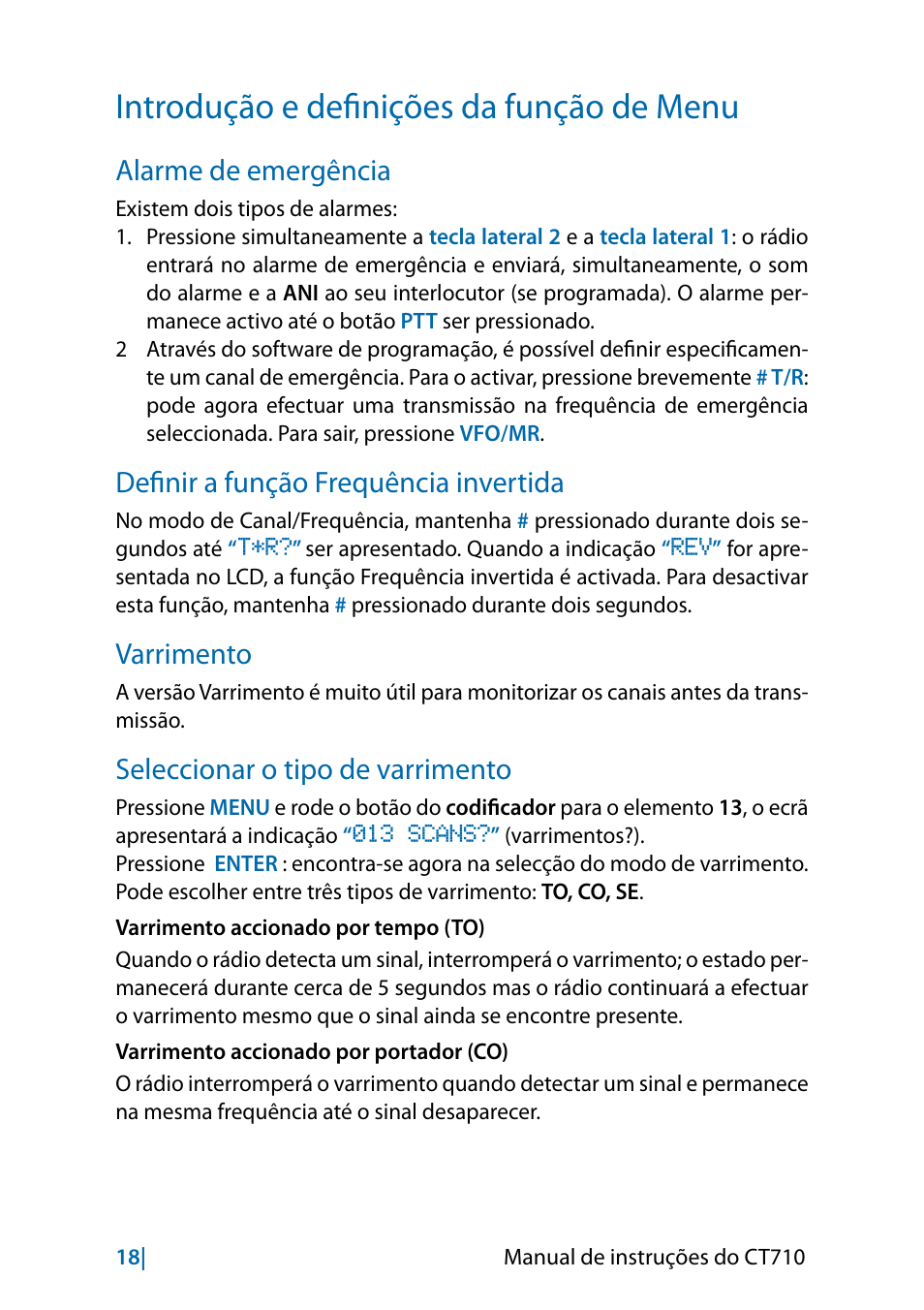 Introdução e definições da função de menu, Alarme de emergência, Definir a função frequência invertida | Varrimento, Seleccionar o tipo de varrimento | MIDLAND CT710 - 2014 User Manual | Page 200 / 214