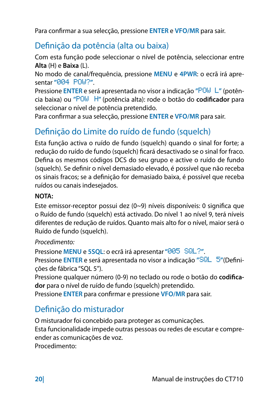 Definição da potência (alta ou baixa), Definição do limite do ruído de fundo (squelch), Definição do misturador | MIDLAND CT710 - 2014 User Manual | Page 202 / 214