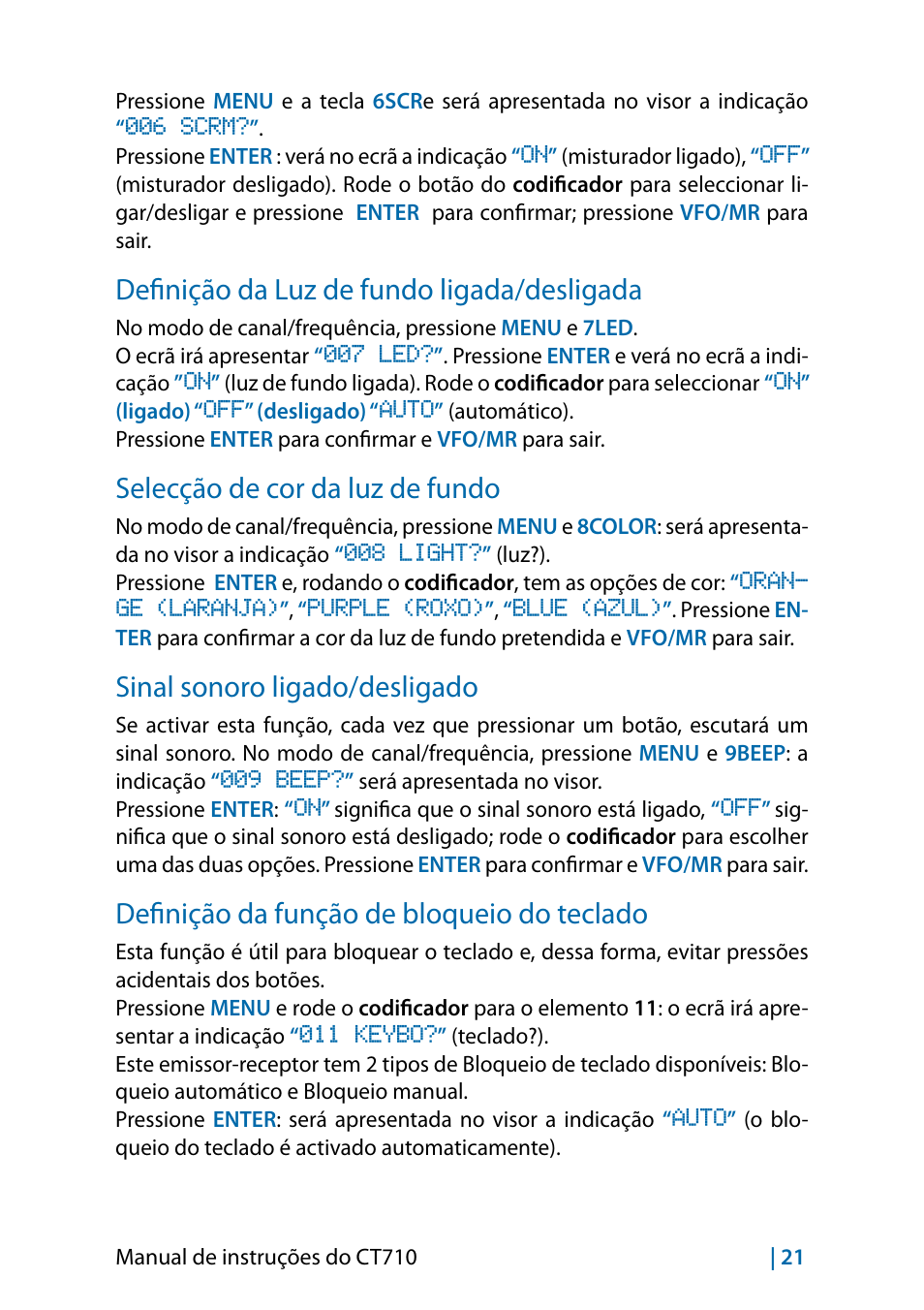 Definição da luz de fundo ligada/desligada, Selecção de cor da luz de fundo, Sinal sonoro ligado/desligado | Definição da função de bloqueio do teclado | MIDLAND CT710 - 2014 User Manual | Page 203 / 214